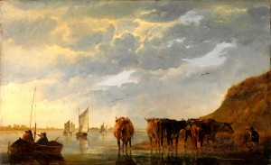 A Herdsman with Five Cows by a River